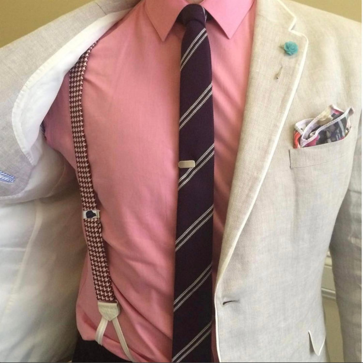 Tan Jacket Pink SHirt WIth Suspenders