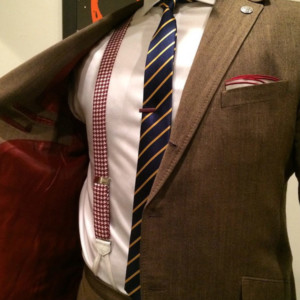Tan Suit With Red Houndstooth Braces