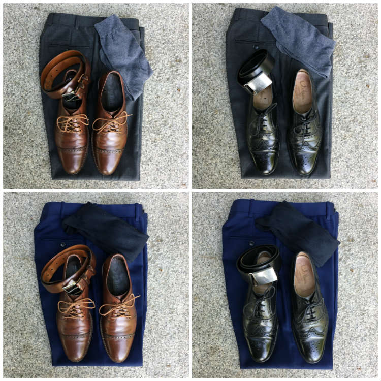 Blue And Grey Pants With Black And Brown Shoes