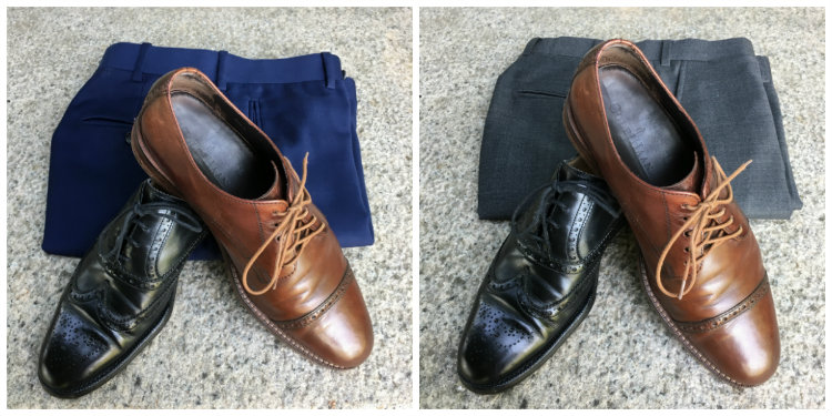 Blue And Grey Pants With Brown And Black Shoes