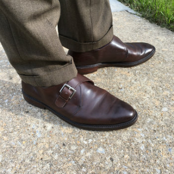 Brown Monkstraps With Olive Trousers
