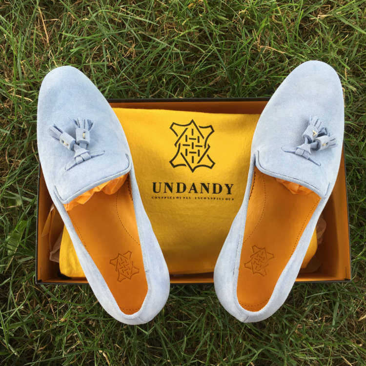 Blue Suede Tassel Loafers On Shoebox