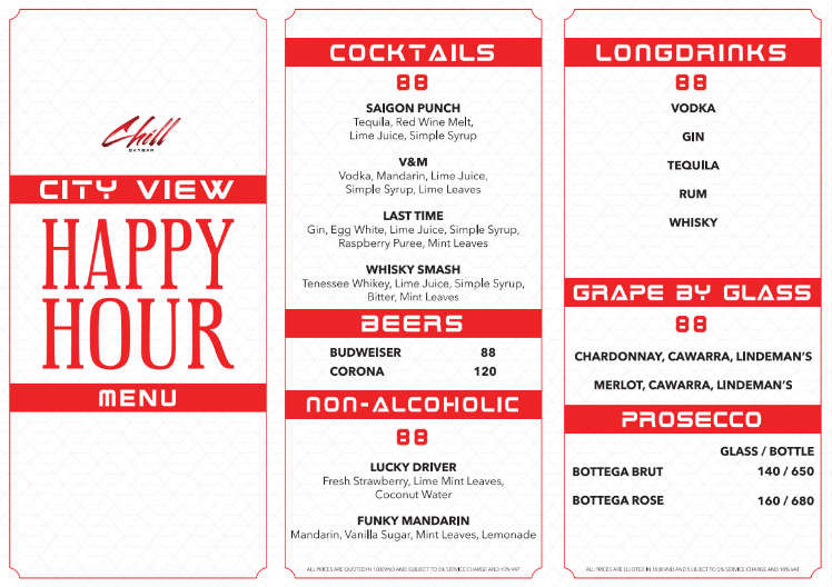 Chill Sky Bar Happy Hour Cocktail Menu