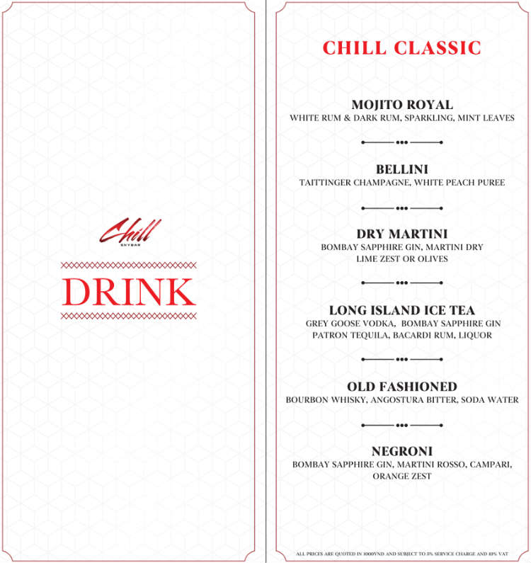 Chill Sky Bar Saigon Drinks Menu
