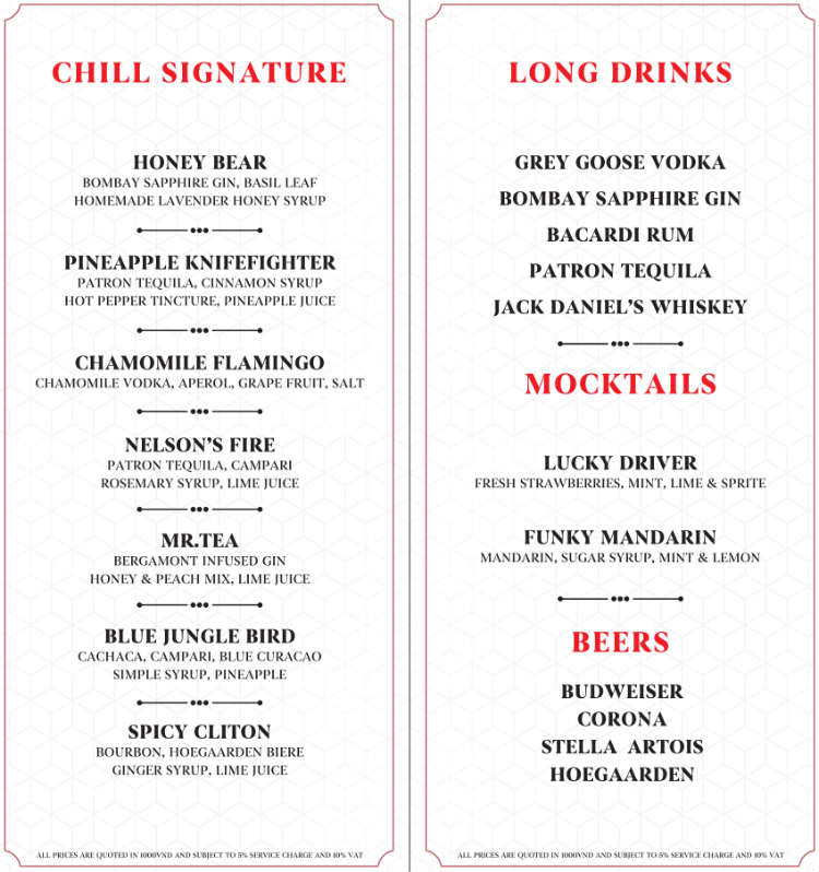 Chill Sky Bar Signature Cocktails Menu