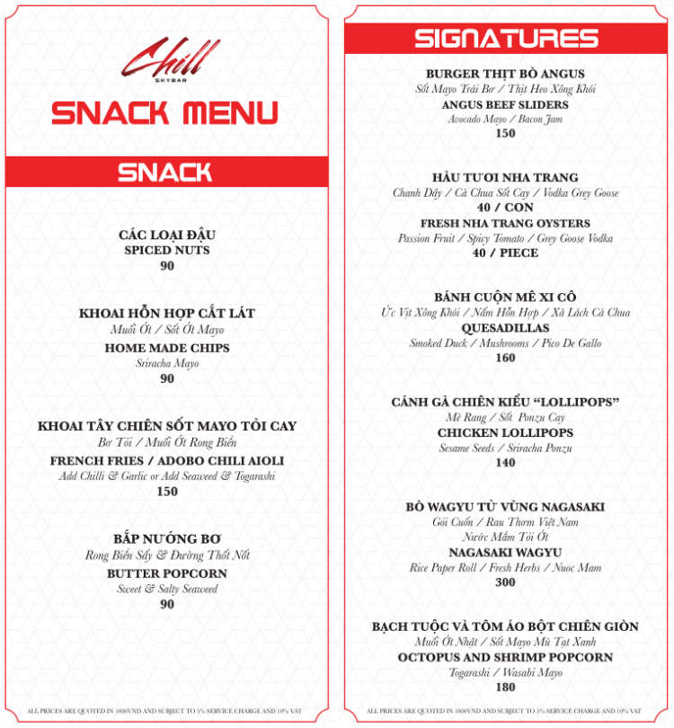 Chill Sky Bar Snack Menu