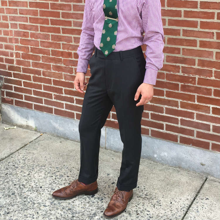 Grey trousers with brown shoes