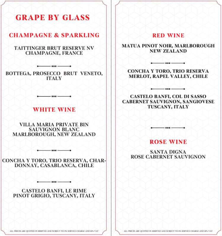 Ho Chi Minh City Sky Bar Menu