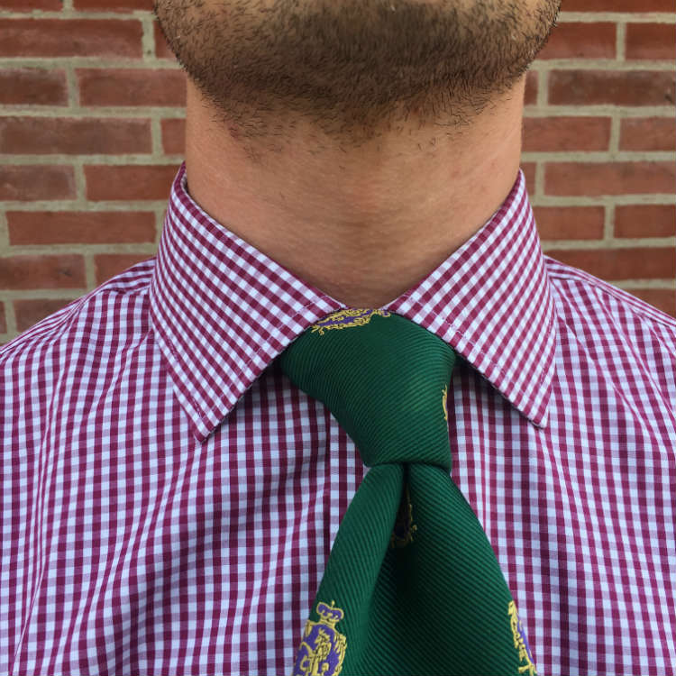 Purple gingham shirt with green tie