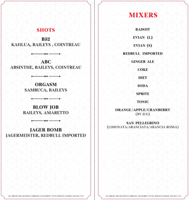 Saigon Rooftop Bar Drink Menu