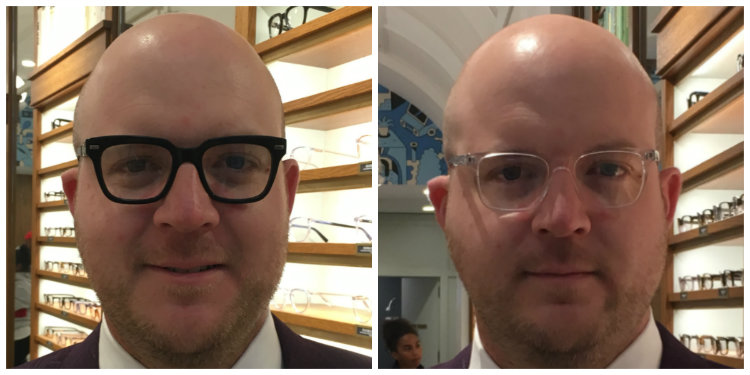 Bald man in dark and clear glasses