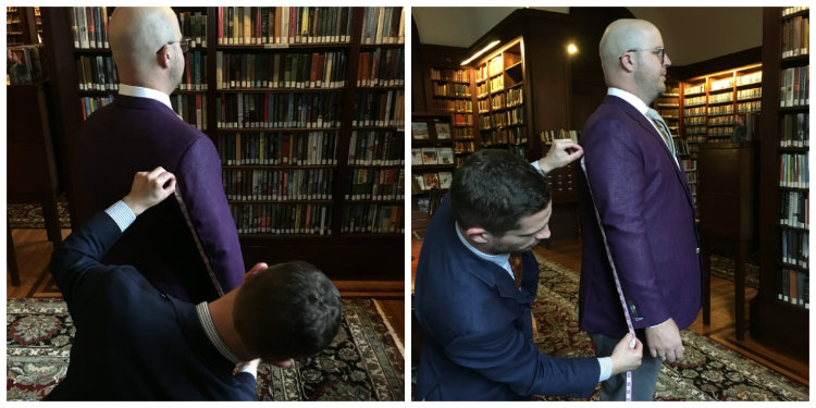 man measuring jacket sleeve outseam