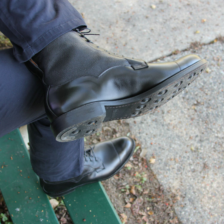 black allen edmonds boots with blue pants