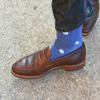 blue dot socks in penny loafer