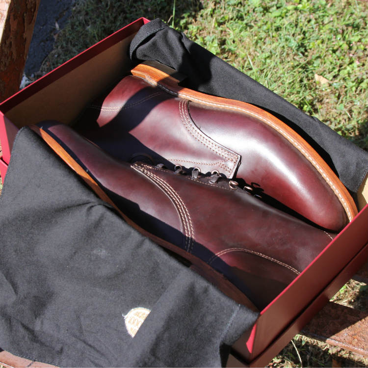 cordovan boots in shoe box