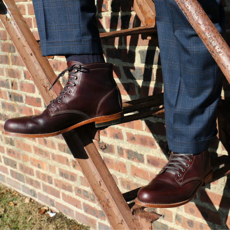 wolverine cordovan 1000 mile boots with plaid trousers