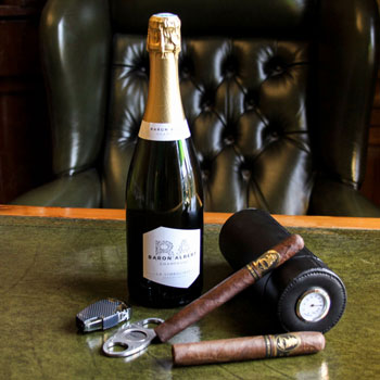 Bottle of Baron Albert Symbolique Brut Nature & Davidoff Cigars
