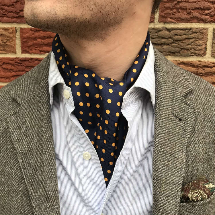blue ascot with yellow dots