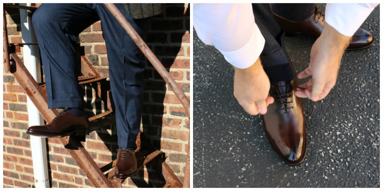 brown shoes with blue trousers