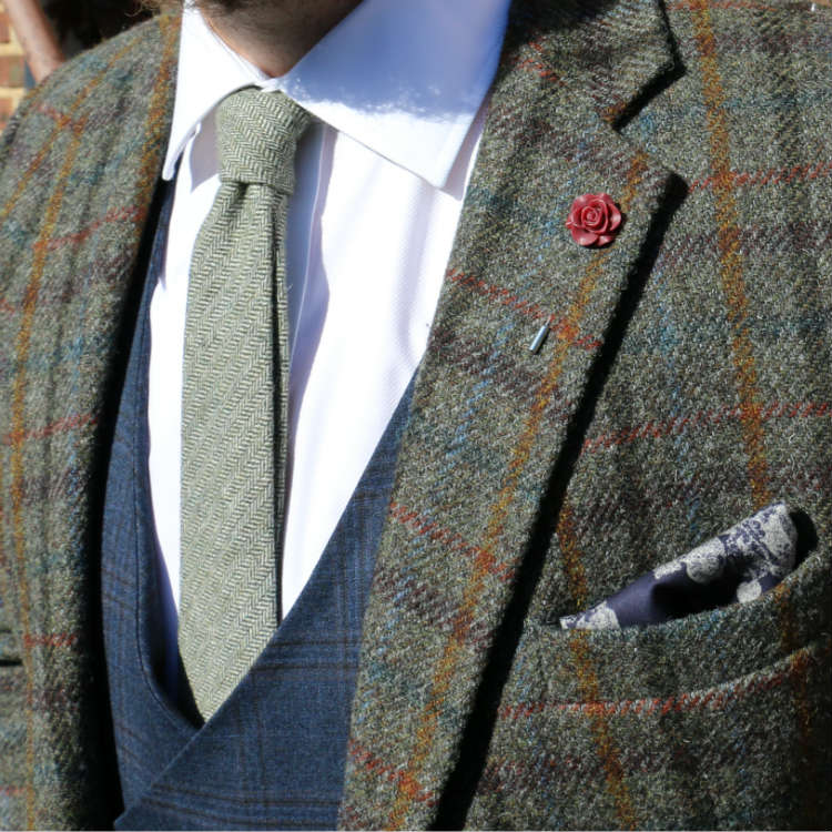 plaid jacket with lapel flower