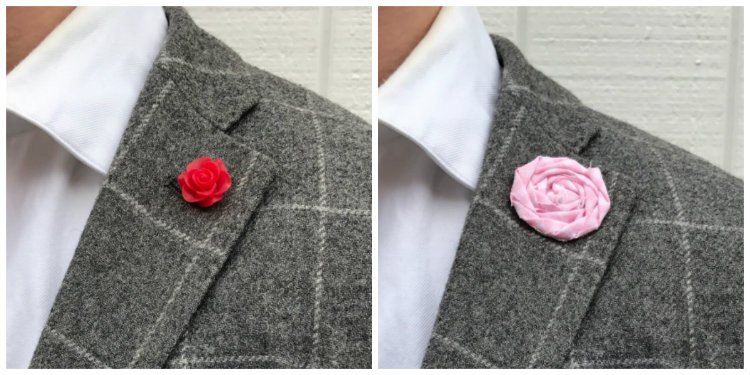 red and pink lapel flowers on grey sport jacket