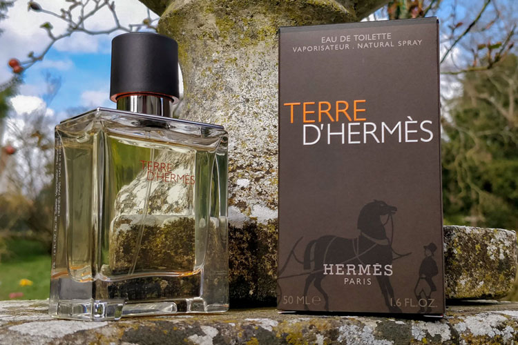 Terre d'hermès bottle on stone wall
