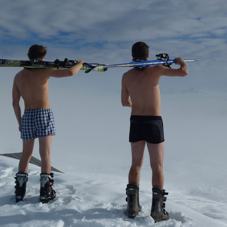 men skiing in their underwear
