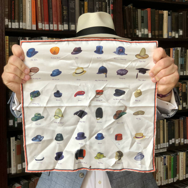 Silk pocket square with hat designs