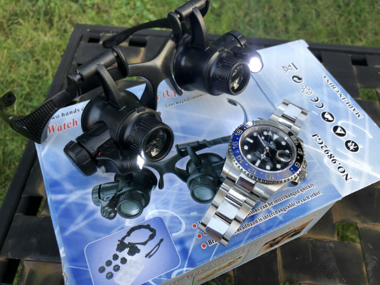 LED lights on watch loop glasses with Rolex