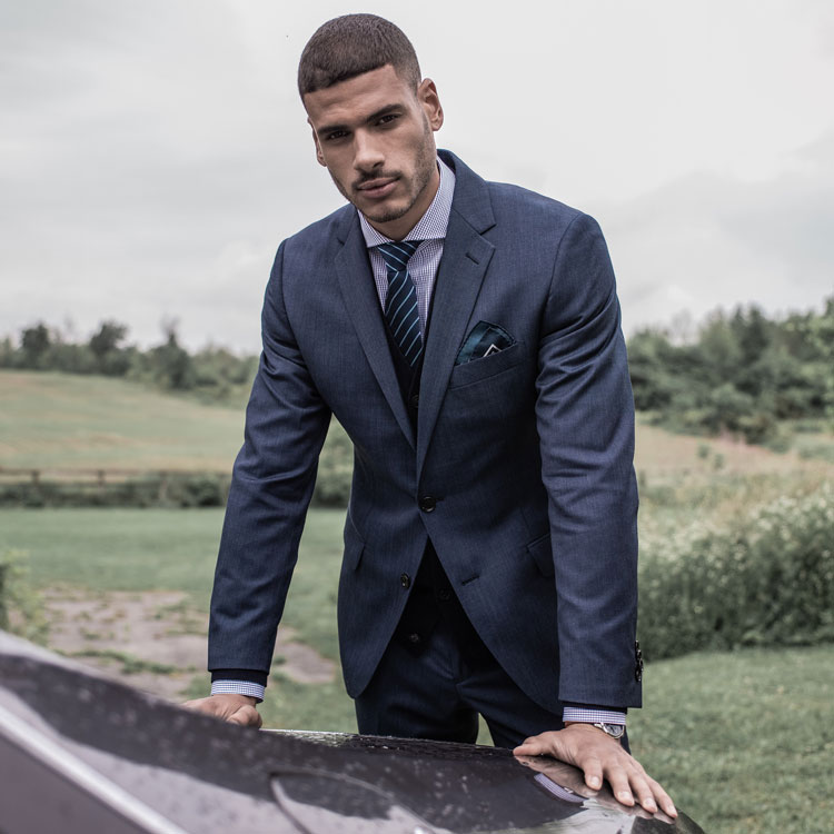 Model Wearing Indochino Hereford Cavalry Twill Indigo Suit