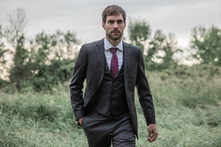 Model Wearing Indochino Hemsworth Charcoal Suit
