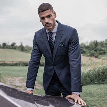 Model Wearing Indochino Hereford Cavalry Twill Indigo Suit