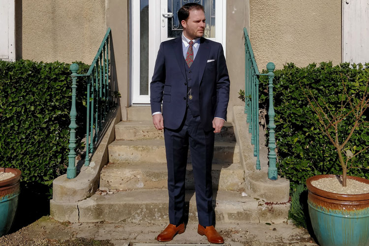 Black Lapel Navy Suit Wide Shot