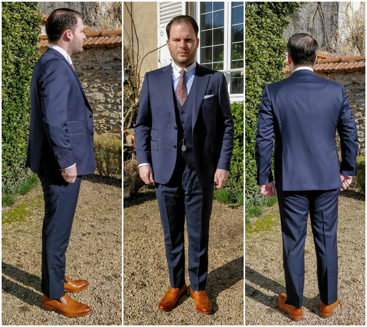 Black Lapel Suit After Adjustments Front Profile Back