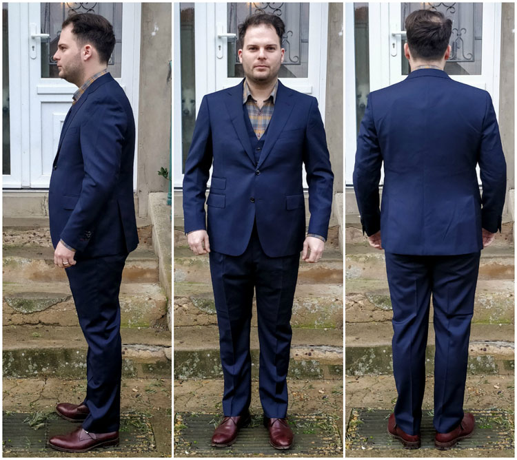 Black Lapel Suit Before Adjustments Front Profile Back