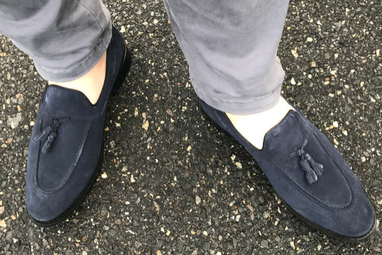 Blue Moccasin Loafers & Grey Pants