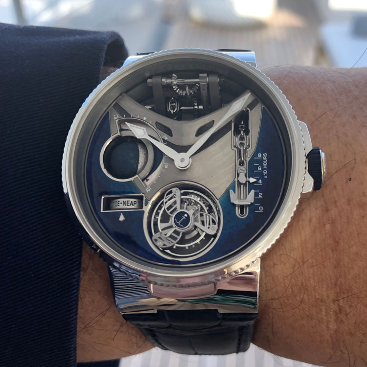 Ulysse Nardin Mega Yacht on wrist with tidal indication by Roberta Naas