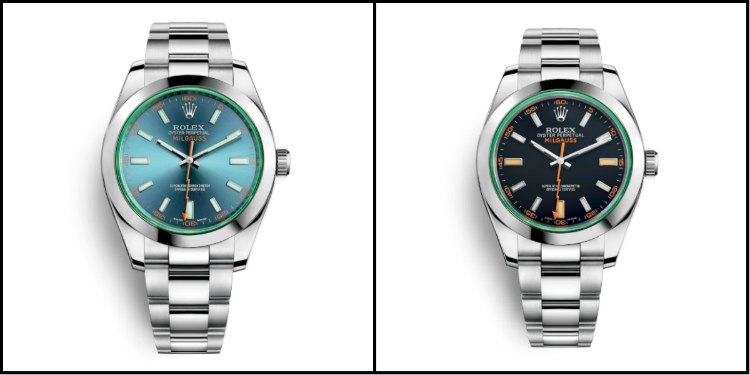Rolex Milgauss Z-Blue & Black Dials, Both With Green (GV) Crystals