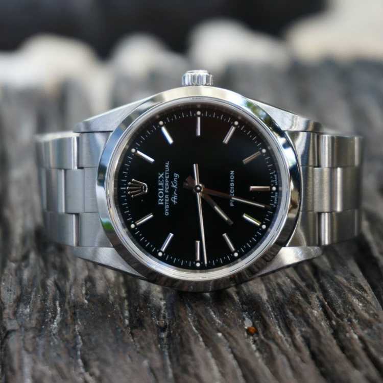 Steel Rolex Air-King 14000 Black Baton Dial