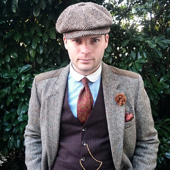 Lapel Flower, Stiff Collar & Newsboy Cap