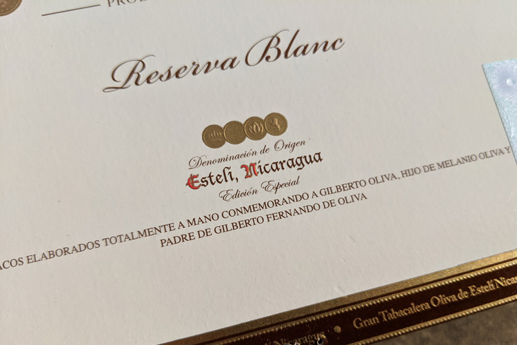 Gilberto Oliva Reserva Blanc Cigar Box Inscription