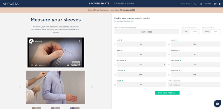 Apposta Shirt Measurement Profile
