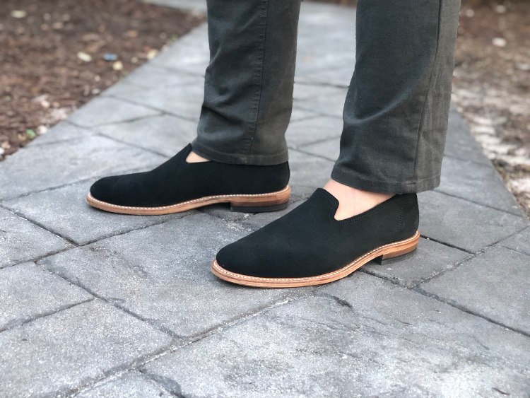 Wholecut Loafers Black Leather with Green Pants