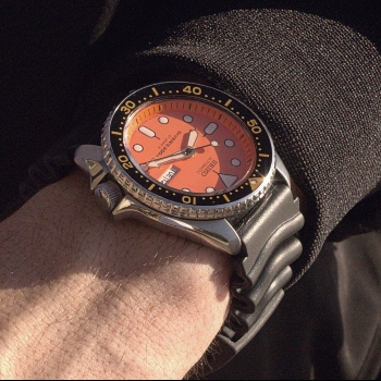 Wristshot of Seiko SKX011 Watch with Bomber Jacket