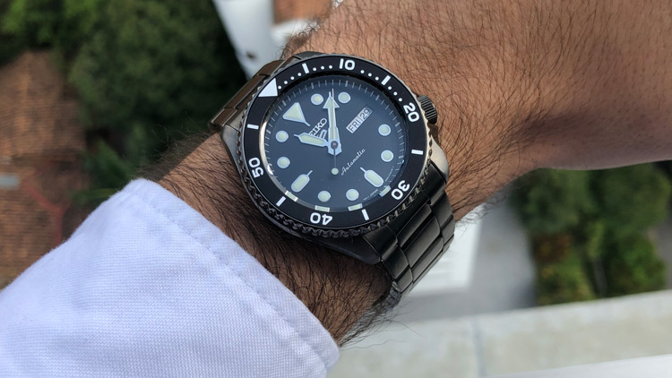 SRPD65-Black-PVD-Seiko-Watch-On-Wrist-White-Sleeve