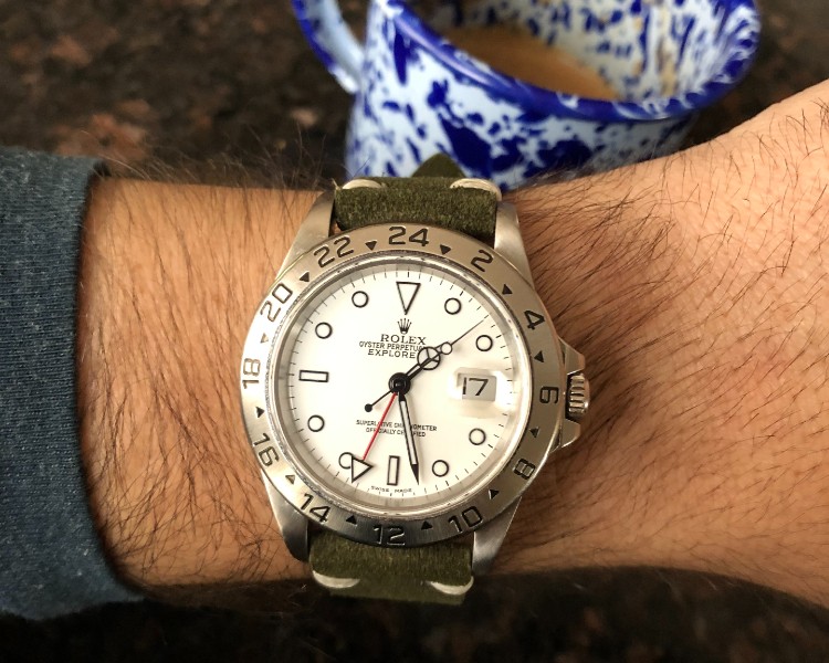 Explorer II 16570 Polar On Green Suede Strap