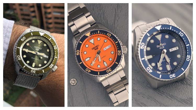 Seiko 5 Sports Watches Green Orange Blue Dials