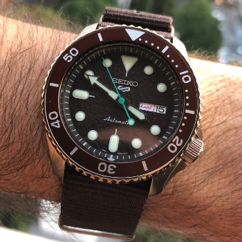 Seiko SRPD85 Brown Watch Textured Dial Wristshot
