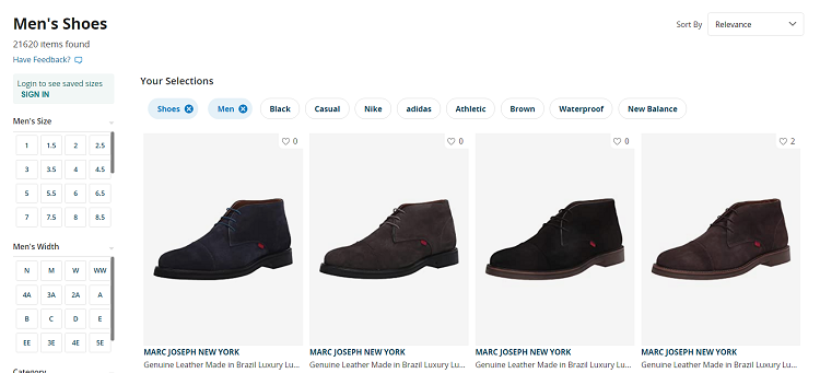 Filtering Results While Shopping Tuxedo Shoes On Zappos