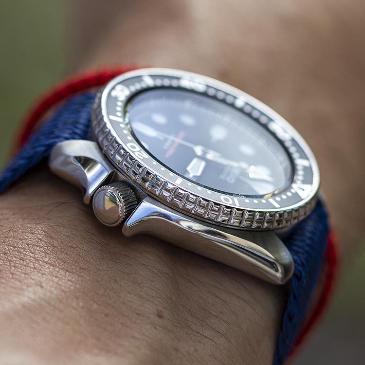 SKX007J Steel Case Crown Guard And Crown Closeup